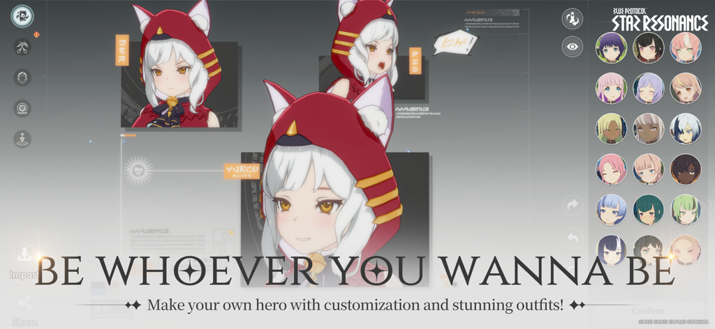 Blue Protocol: Star Resonance - ブループロトコル スターレゾナンスのキャラクターカスタマイズ画面。アニメスタイルのヒーロー作成オプションが表示されています。