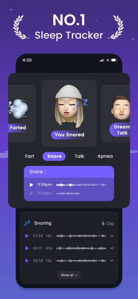 Mintal Tracker app interface showing snore and dream talk recording features with audio waveforms
