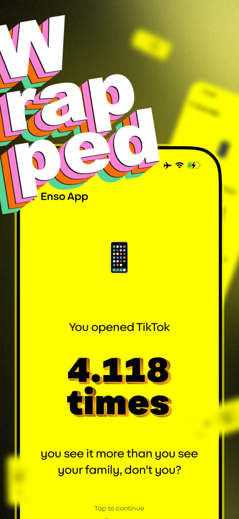 Enso - Social Media Blocker - Captura de pantalla de la aplicación Enso que muestra un informe resumido del uso de TikTok con un mensaje de bloqueo de redes sociales
