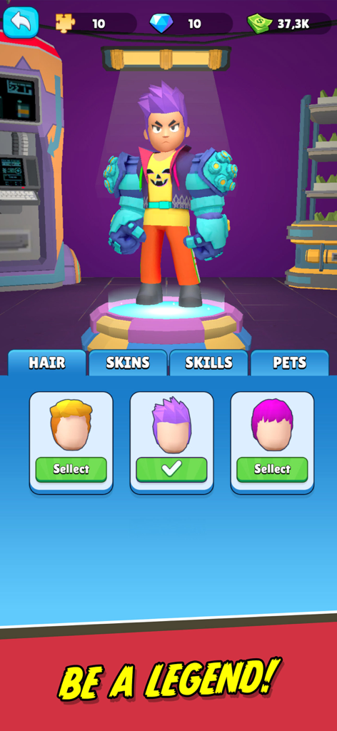 Menú de personalización de personaje en Gym Super Click Hero mostrando opciones de peinados y apariencias de héroe.