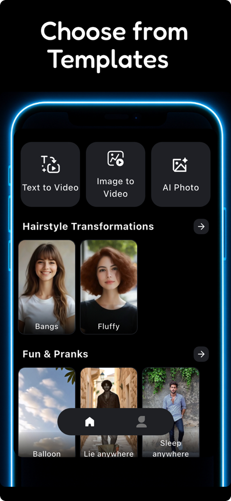 Vidy AI app interface showing text to video image to video and hairstyle transformation templates