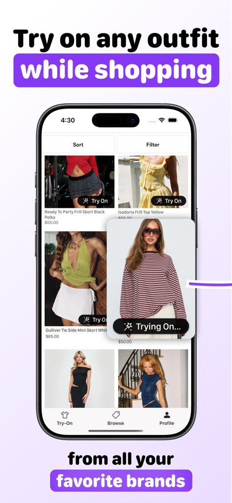 Interface of the ButtonUp app showing the virtual try on feature while shopping for clothes from different brands