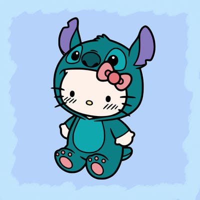little cute hello kitty, blushing with little stitch costume