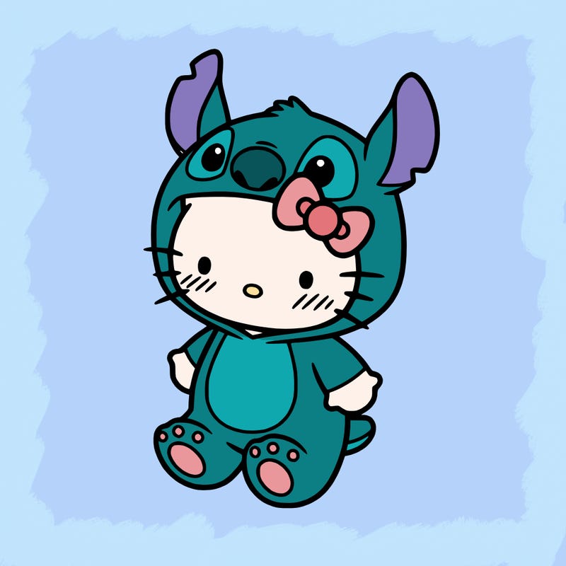 little cute hello kitty, blushing with little stitch costume