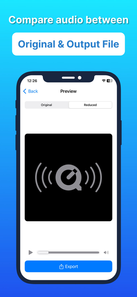 Audio Video Noise Reducer AI - Ein Vorschau-Bildschirm der App Audio Video Noise Reducer AI, der den Vergleich zwischen Original- und reduzierten Audiodateien zeigt