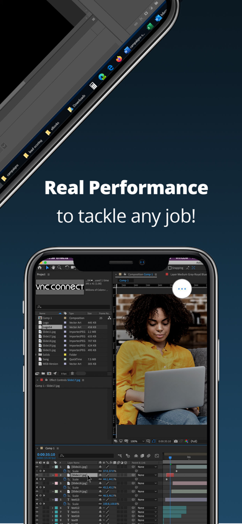 RealVNC Viewer: Remote Desktop - RealVNC Viewer app on a smartphone displaying a remote desktop session for video editing and professional tasks.