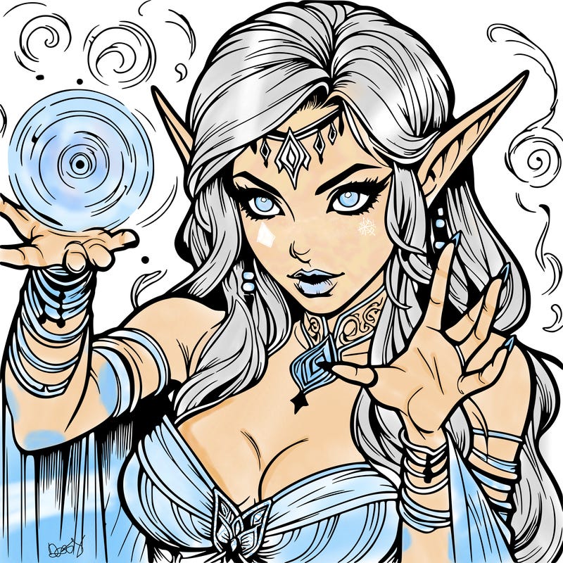 realistic scary beautiful elf sorceress casting spell