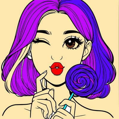 young woman with a lollipop winking and holding a finger to her lips