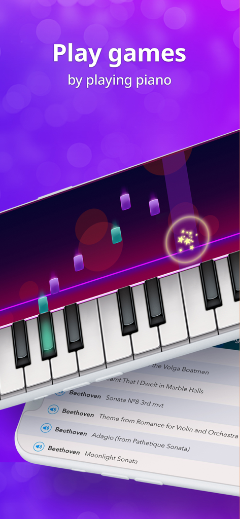 Mobile screen showing a piano keyboard game with falling magic tiles and a classical music song list including Beethoven.