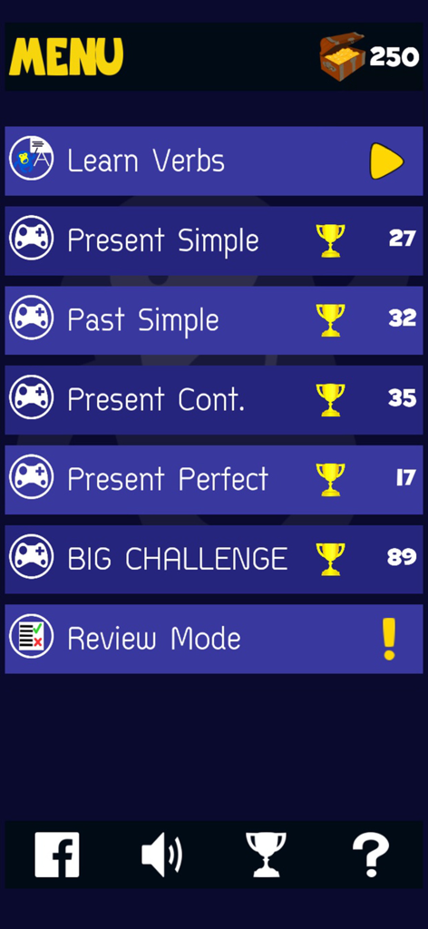 English Verbs & Tenses Smash - Main menu of the English Verbs and Tenses Smash app showing various grammar game modes and scores