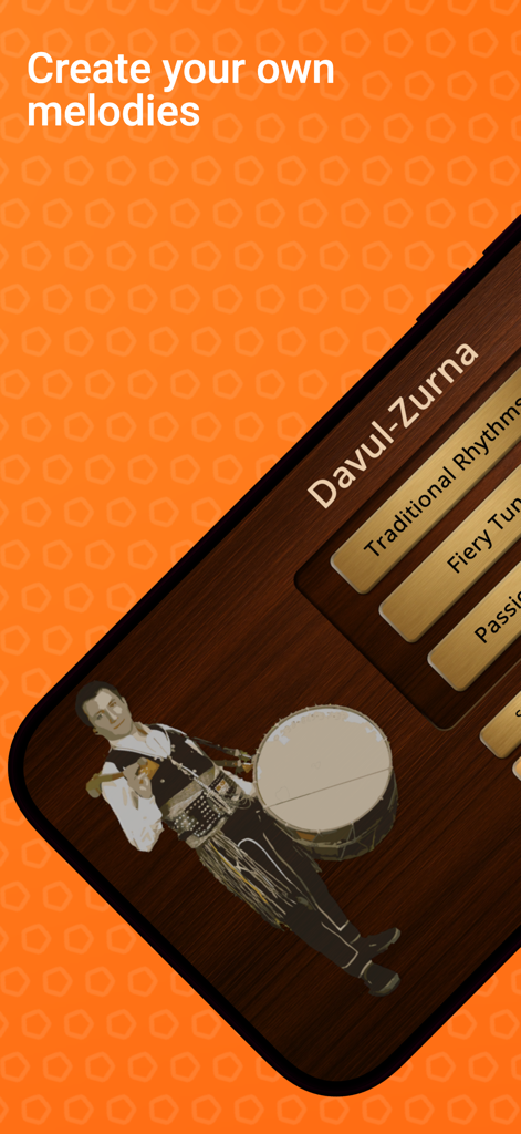 Interface of the Davul and Zurna app showing options for traditional Turkish rhythms and melodies