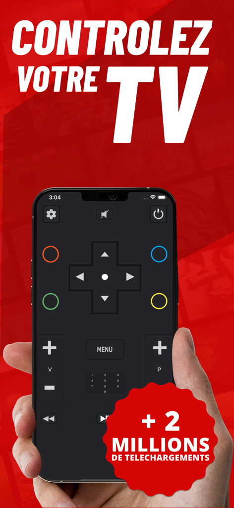 Télécommande box universelle - Universal TV box remote app displayed on an iPhone screen showing volume and channel controls