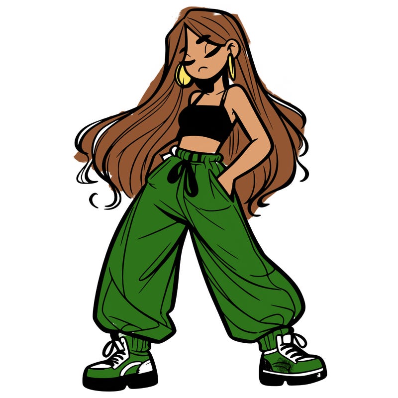 girl in baggy pants crop top and long hair