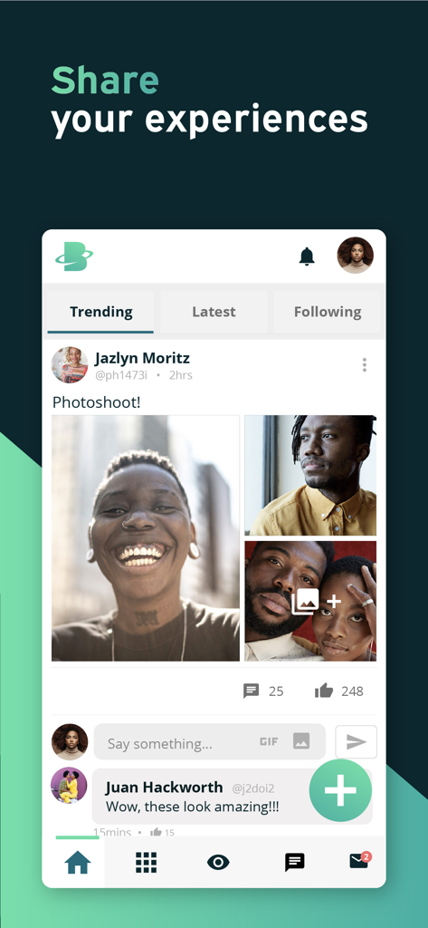 Uma captura de tela do aplicativo móvel BlackPlanet mostrando um feed social com uma postagem em alta apresentando fotos de pessoas negras e uma seção de comentários de usuários.