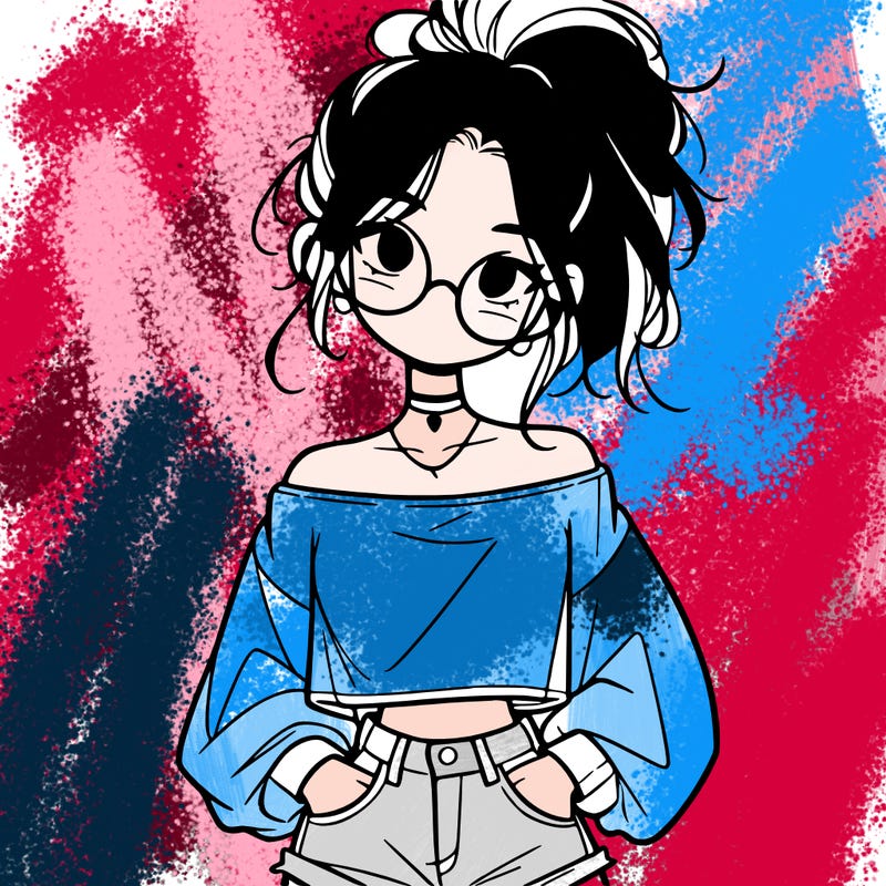 girl with a messy ponytail glasses a baggy crop top and jean shorts