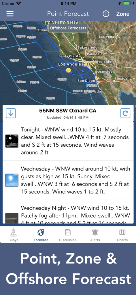 Marine Weather Forecast Pro - Point and offshore marine weather forecast for the California coast showing wind and swell data