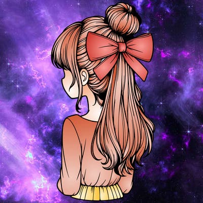 realistic girl  with hip length hair a bun and a big bow on the back of head