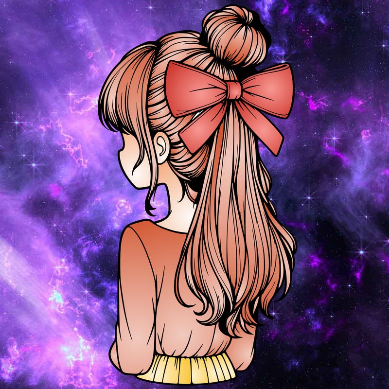 realistic girl  with hip length hair a bun and a big bow on the back of head