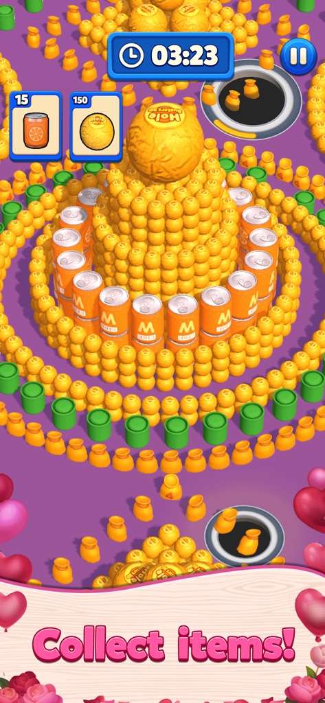 Hole Busters 3D - A screenshot of the game Hole Busters 3D showing a black hole collecting items like soda cans and golden bags arranged in circles.