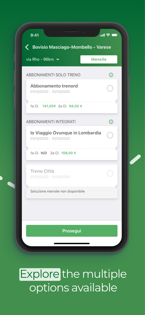 Trenord app screen displaying various monthly train pass options and integrated travel subscriptions in Lombardy.