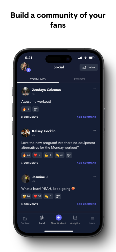 Playbook Creator - Playbook Creator app interface showing a social community feed where fitness trainers interact with fan comments and reviews