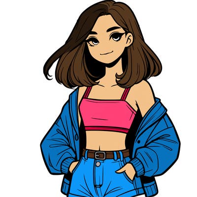 a realistic girl with a crop top and short shorts in an open jacket