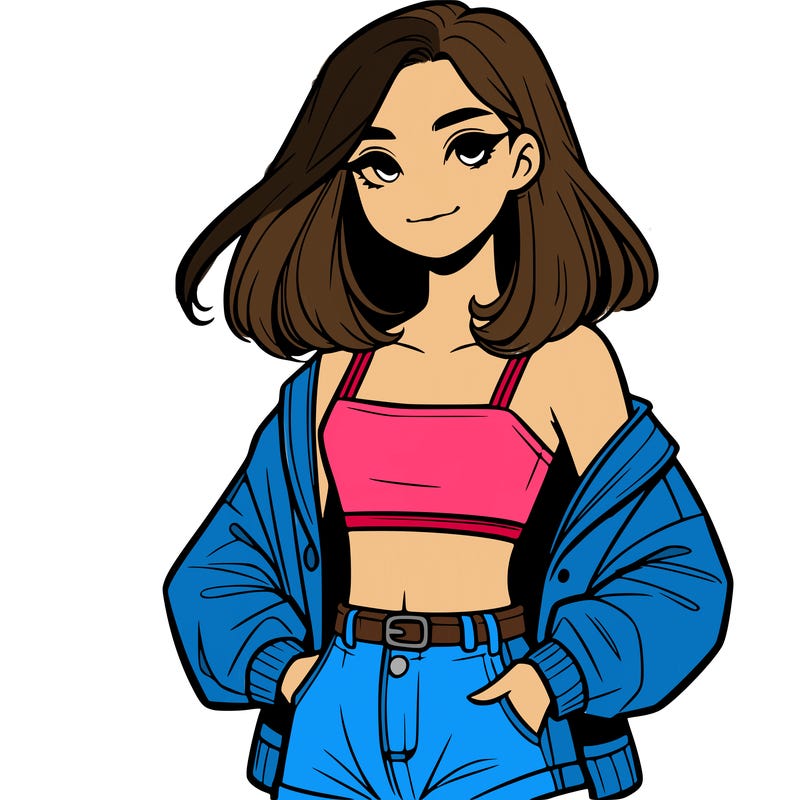 a realistic girl with a crop top and short shorts in an open jacket