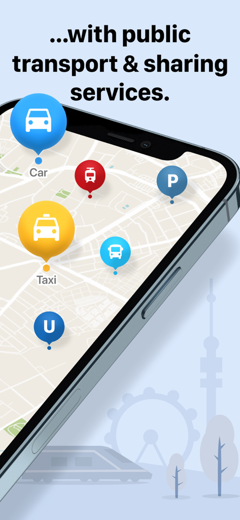 wegfinder - Mobile app map interface displaying icons for public transport and ride sharing services in Austria.