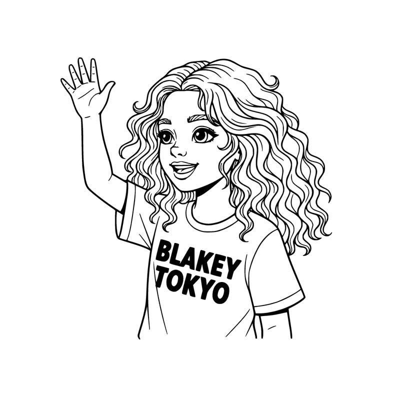 can you make a pretty girl with curly wavy hair? that has a t-shirt that says blakey tokyo and she is waving and she’s really cute.