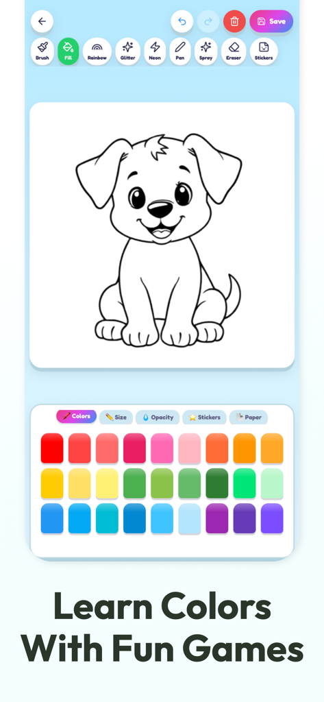 Coloring Games Draw Cute Pets - Digitale Maloberfläche mit einer niedlichen Welpenzeichnung und einer lebendigen Farbpalette für Kinder.
