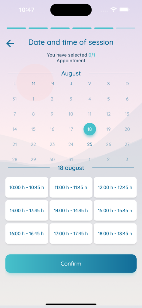 Ahkili أحكيلي - Ahkili app calendar and time slot selection for therapy sessions.