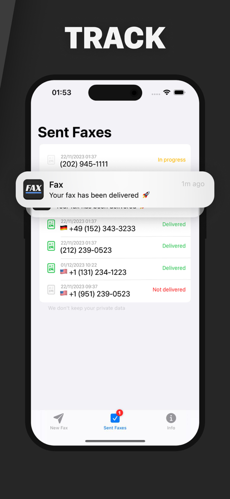 FAX from iPhone - Send Doc - Una pantalla de iPhone que muestra una lista de faxes enviados con estados y una notificación que dice que su fax ha sido entregado