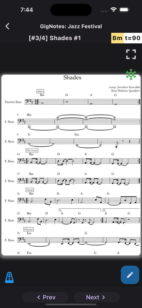 GigNotes – Setlists & Sheets - Digital sheet music for electric bass on the GigNotes app interface