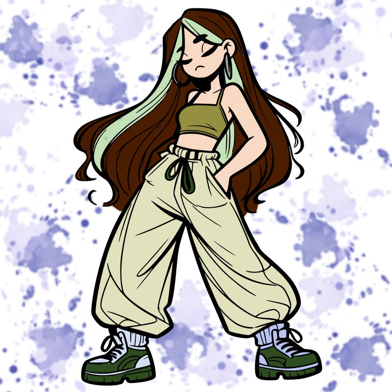 girl in baggy pants crop top and long hair