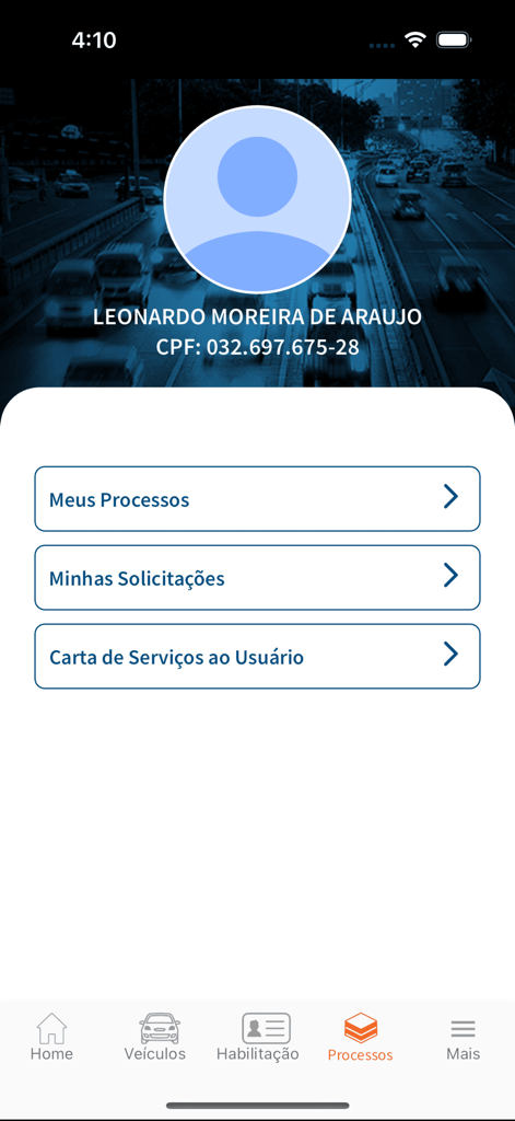 Detran GO ON - User processes and requests menu on the Detran GO ON mobile application