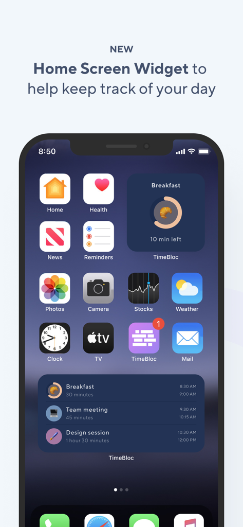 TimeBloc - Daily Planner - iPhone home screen displaying TimeBloc widgets with daily schedule and countdown timer