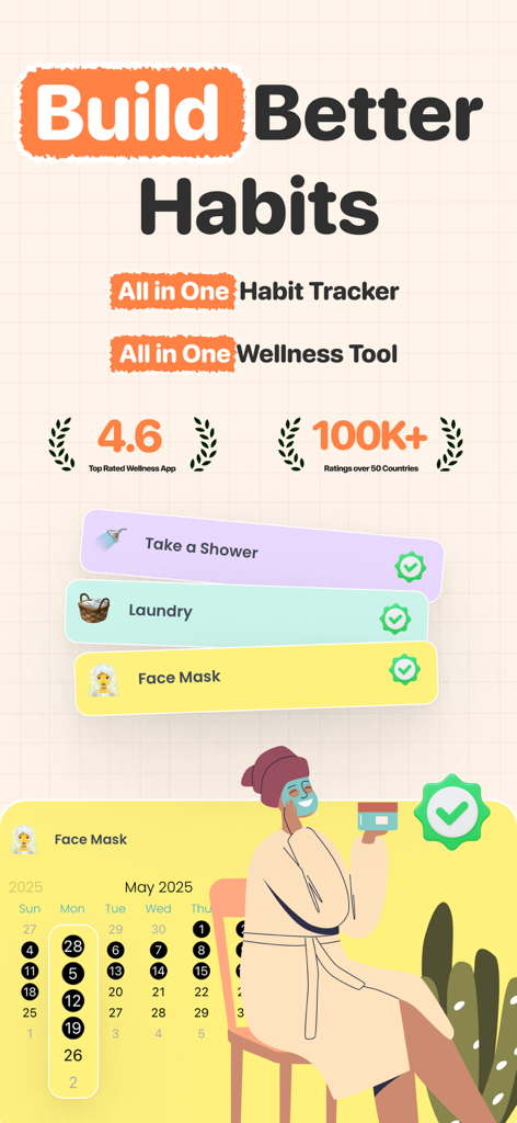Captura de pantalla de la app EvolveMe ADHD Organizer que muestra listas de hábitos para ducharse y lavar ropa junto con un calendario de rachas de bienestar.