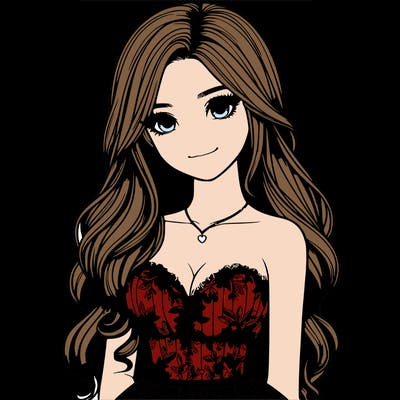realistic girl with long hair and pretty prom dress