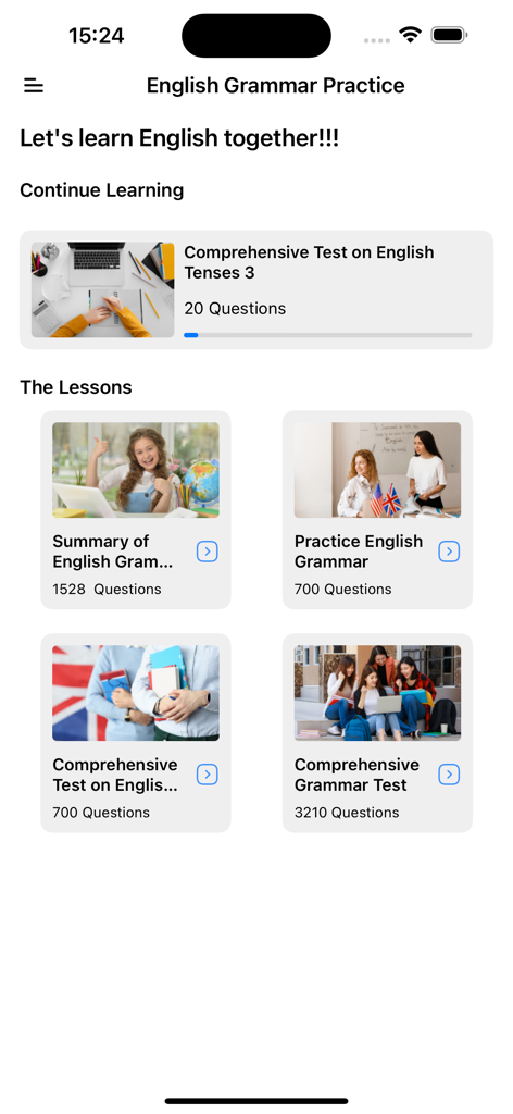 English Grammar Practice Skill - Panel de la aplicación English Grammar Practice que muestra lecciones y pruebas de gramática completas.