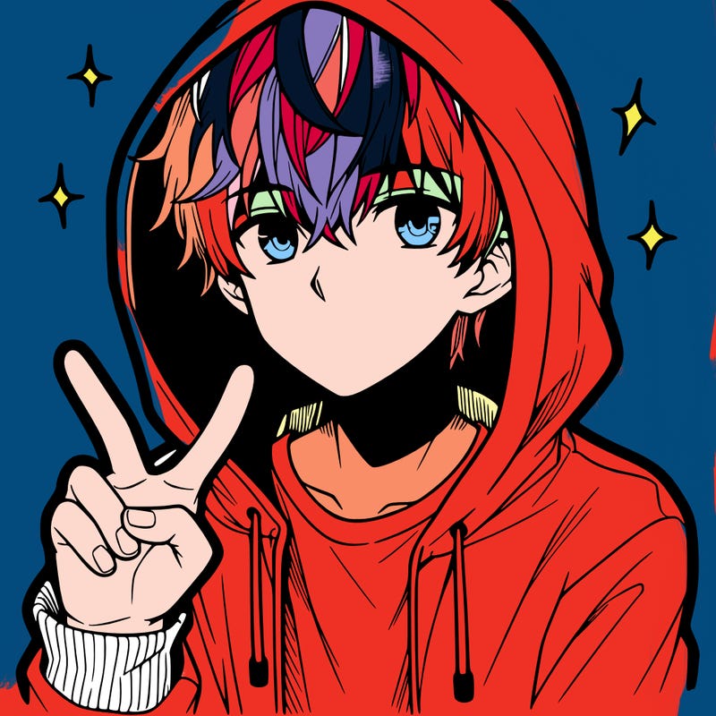 teenage manga boy in a hoodie, doing ✌