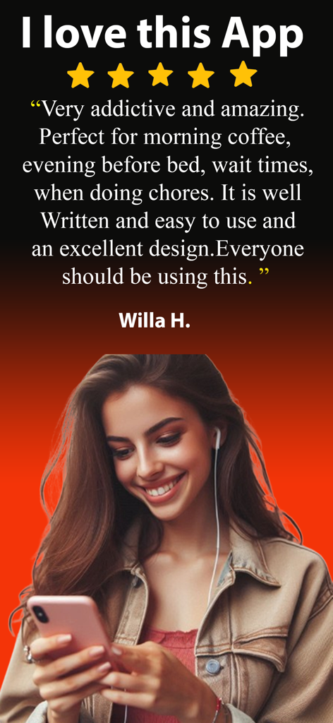Eine Fünf-Sterne-Nutzerbewertung für die ReadBay-App von Willa H, die eine Frau mit Kopfhörern und ihrem Handy zeigt