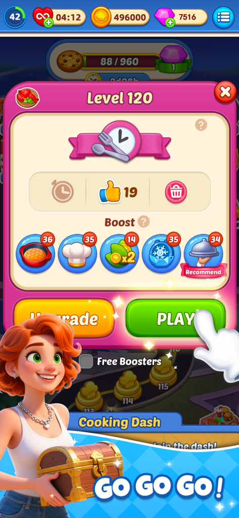 A vertical screen from the Cooking World game showing the Level 120 start menu with level goals and available boosters.