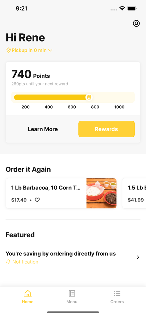 Rios Barbacoa Helotes TX - Tela inicial do aplicativo Rios Barbacoa exibindo pontos de recompensa de fidelidade do cliente e uma seção de reordenação rápida para barbacoa e tortilhas.