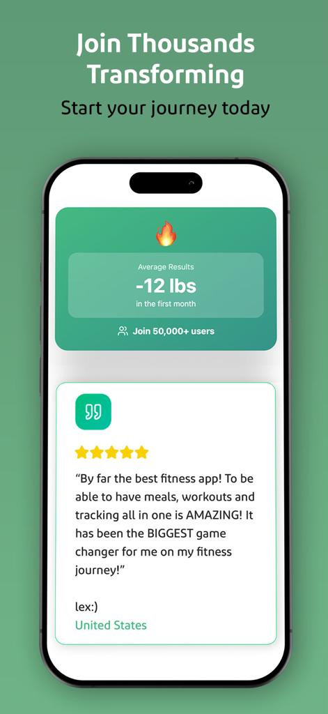 Calorii: All in One Fitness - Calorii fitness app screen showing average weight loss results and a five star user review.