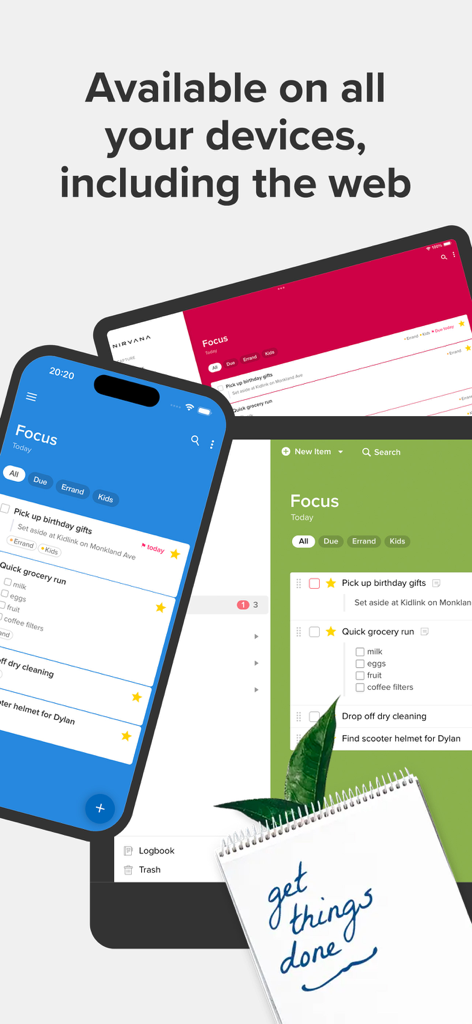 Nirvana for GTD task management app shown across smartphone tablet and web interfaces