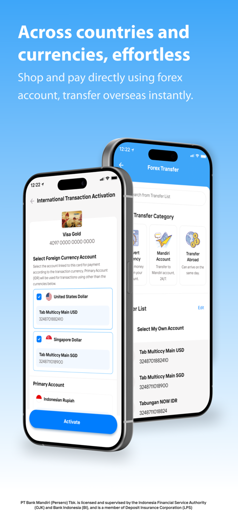 Interface de l'application Livin by Mandiri affichant l'activation de compte multi-devises et les fonctionnalités de transfert Forex international.