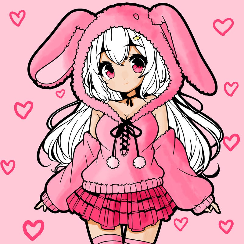 pretty anime girl wearing a fluffy hoodie with bunny ears on the hood and a skirt