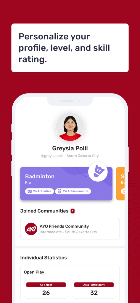 Un'interfaccia del profilo utente nell'app AYO con livelli sportivi e statistiche di attività