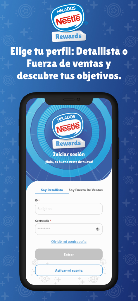 Helados Nestlé Rewards - 네슬레 아이스크림 리워드 모바일 앱 로그인 화면, 소매업체 및 영업팀 로그인 옵션 표시