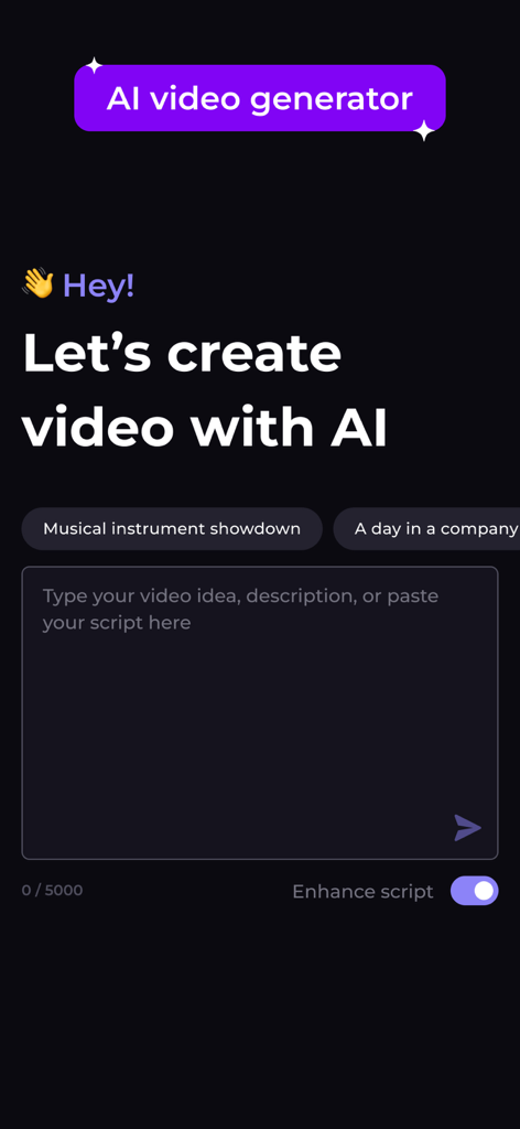 Interface do gerador de vídeo com IA da Renderforest para digitar scripts e descrições